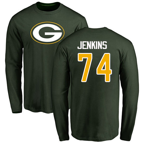 Men Green Bay Packers Green #74 Jenkins Elgton Name And Number Logo Nike NFL Long Sleeve T Shirt